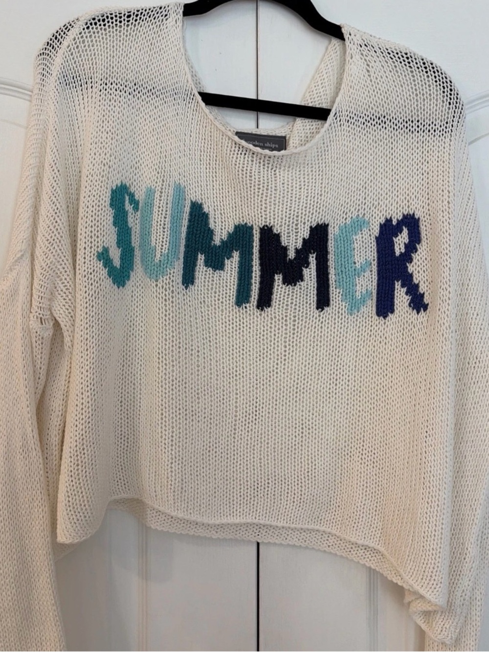 Wooden Ships Cream Open-Weave Sweater with Teal, Aqua & Navy 'SUMMER'